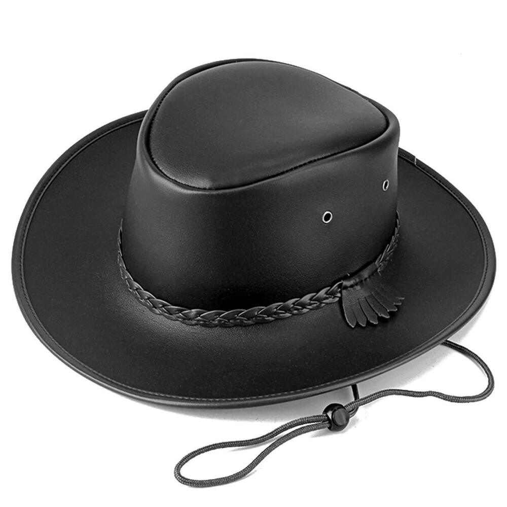 6915 Cowboy Hats and , Western Leather Outback Wide Brim Rain Cap Black